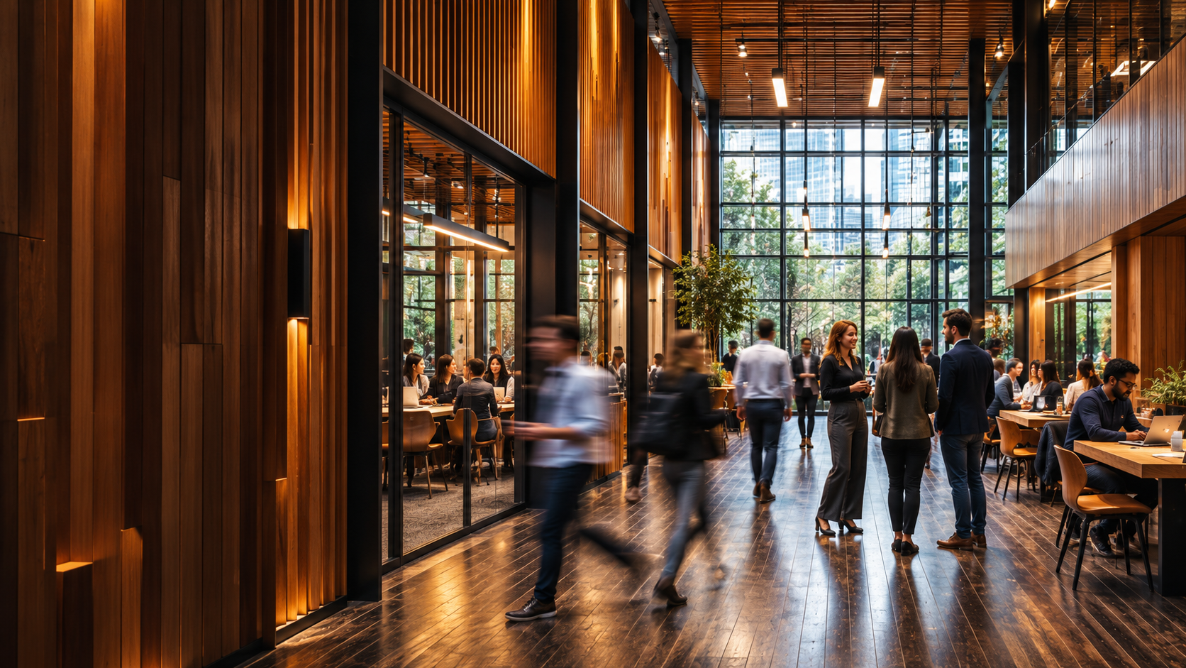 People meeting in a contemporary timber-lined workplace.